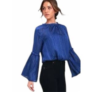 LULUS NWT Villette Royal Blue Metallic Striped Flounce Sleeve Blouse Size Medium